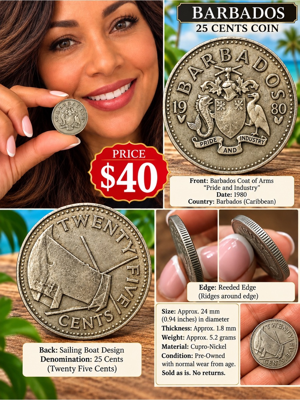 Barbados 25 Cents Coin – 1980 – 
Vintage